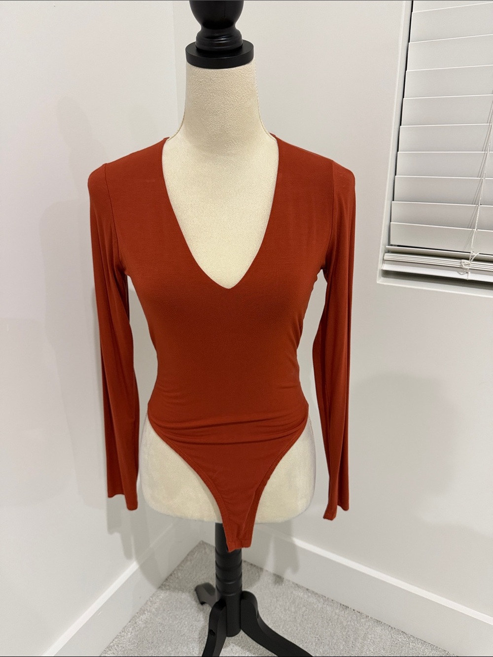 Fashion Nova Rust V-Neck Long Sleeve Bodysuit